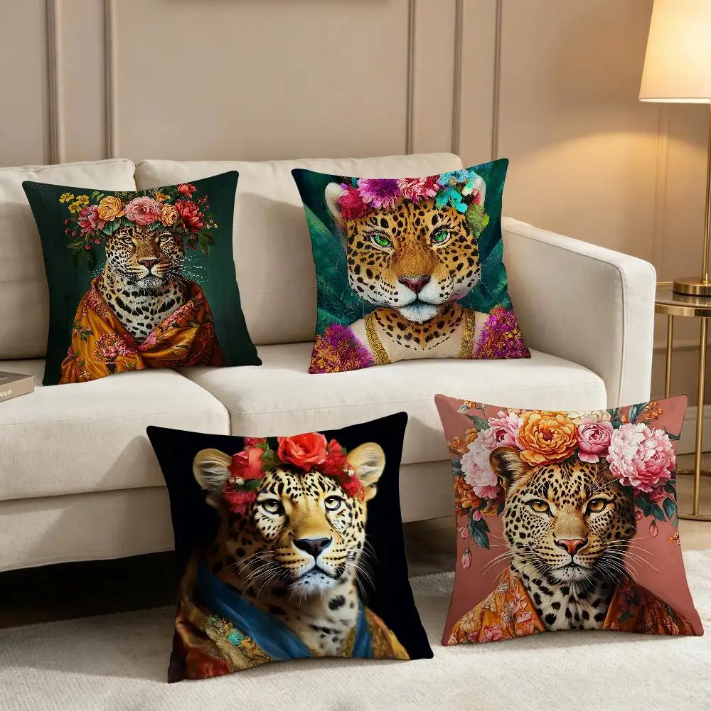 Wreath for Leopard Portrait goat cushion cover Comfortable soft Pillow Case for Sofa Living Room Home office Protective Covers