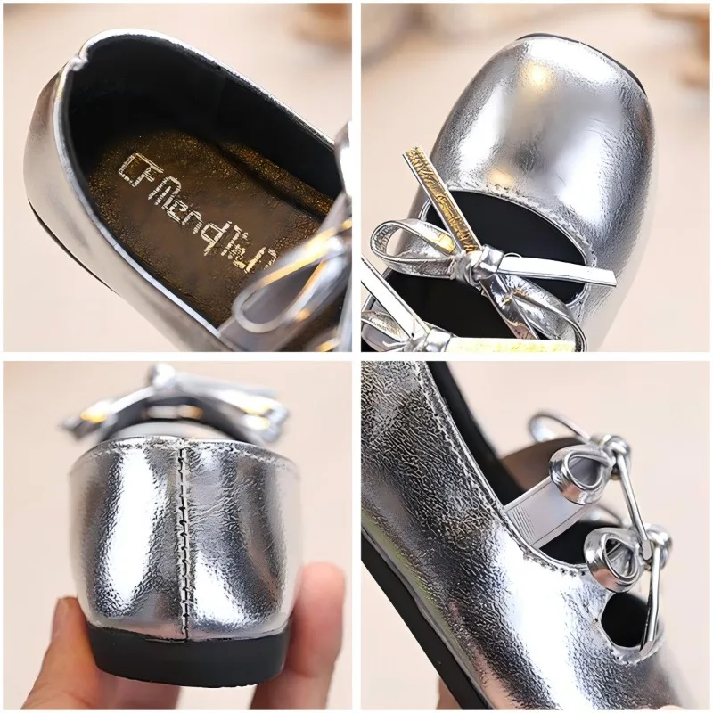 Princess Shoes for Girls New 2026 Fashion Double Bowknot Chic Children Mary Jane Shoes Gold Sliver Square Toe Elegant Kids Flats
