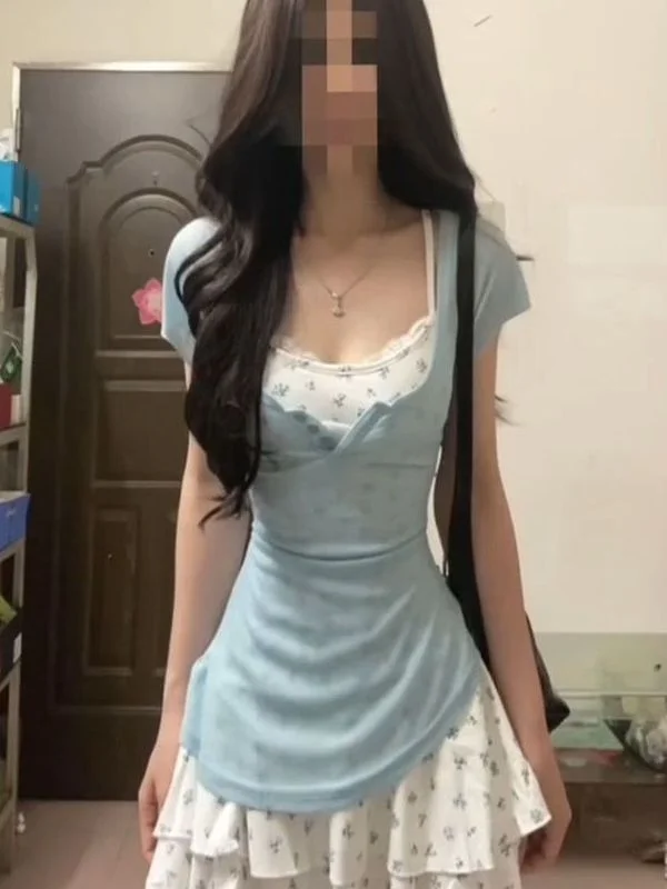 

Elegant Blue Short Sleeve Shirt And Floral Halter Dress Two Piece Set for Young Women Casual Summer Fashion Outfit