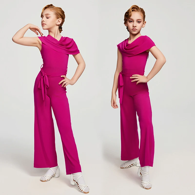 

Kids Latin Dance Clothes Girls Rose Pink Jumpsuit One-Piece Ballroom Dance Pants Summer Dance Performance Practice Wear DNV23479