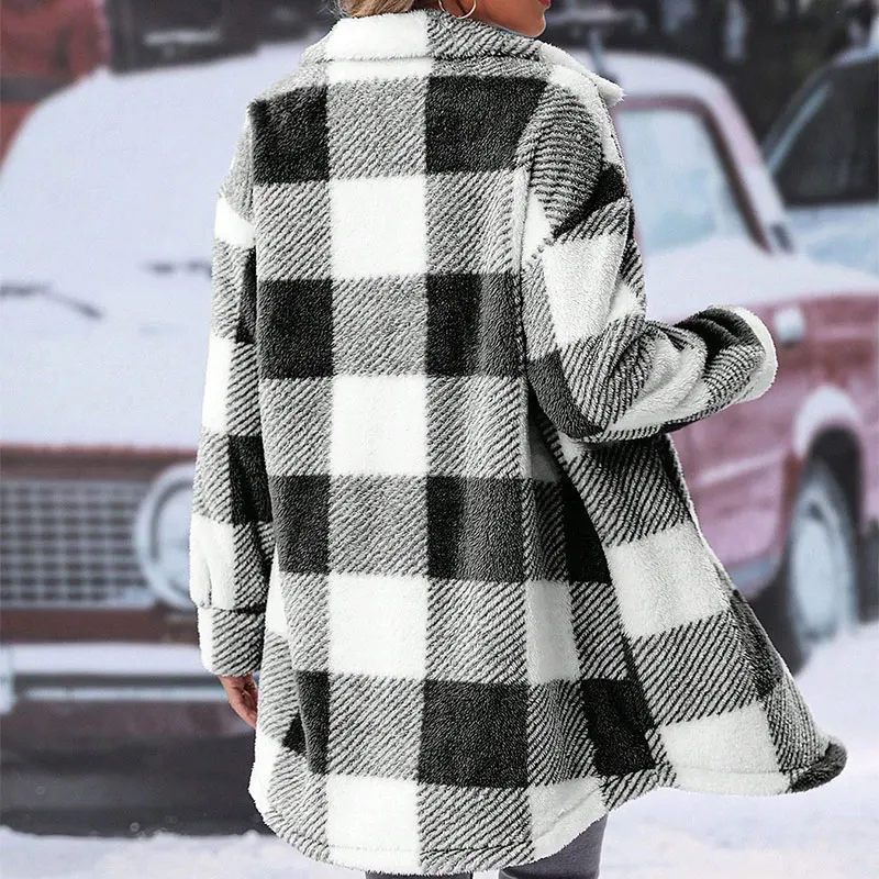 Fashion Women\'s Coat Winter New Streetwear Pockets Plaid Suit Collar Button Elegant Trench Coat Slim Versatile Female Clothing