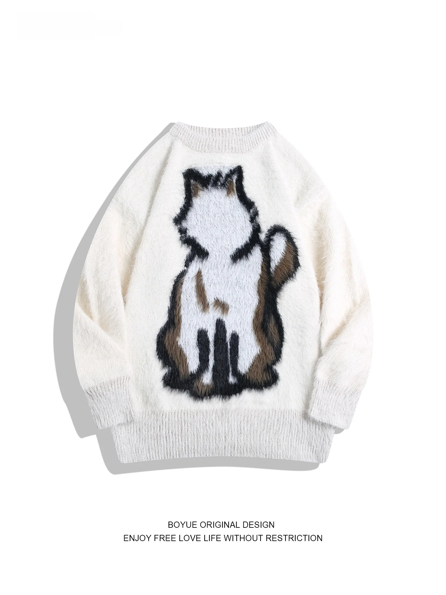 

Мягкий вязаный свитер Boyue с мультяшным принтом, имитирующий норку, повседневный, очень теплый, уютный, с длинными рукавами и круглым вырезом, для мужчин и женщин