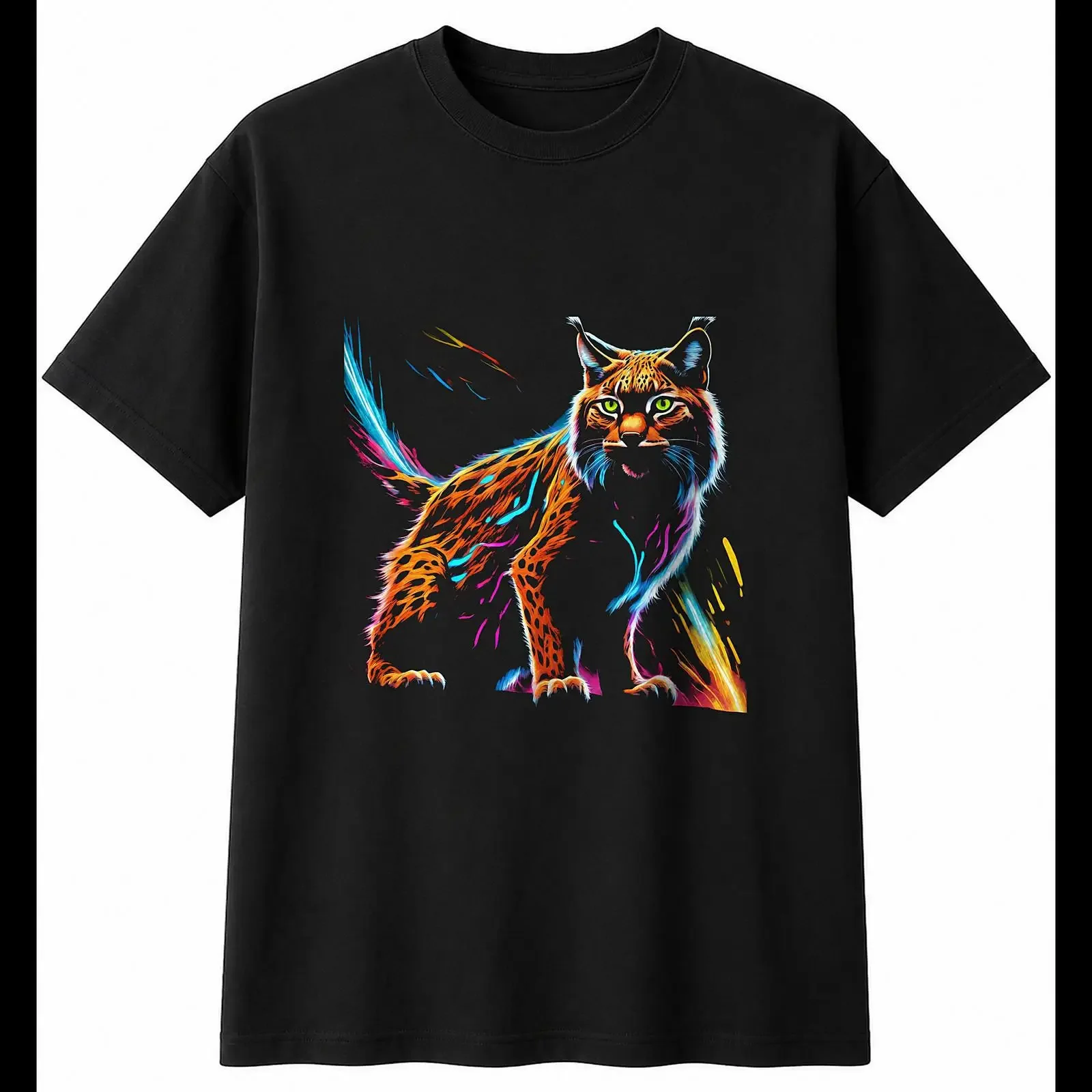 Dark Fantasy Lynx Neon Glow Wild Cat Herren T Shirt schwarz 100 Baumwolle Wildlife Art vintage Washed Top For Everyday Wear