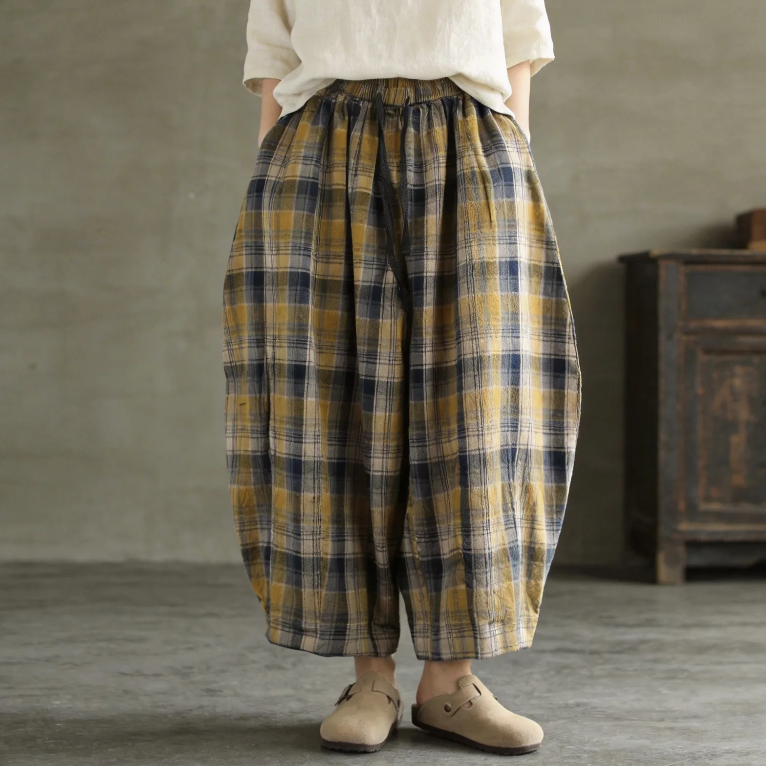 New Hot selling Women Plaid Straight Pants Elastic Waist Vintage Cotton Linen Trouser Spring Pockets Korean Style Female Pants