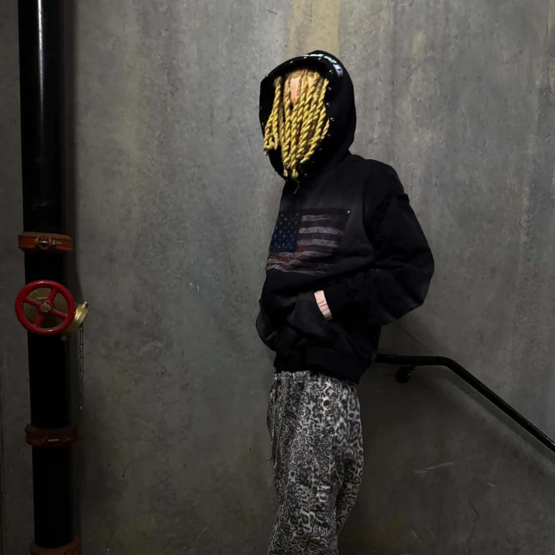 High Street Y2K Washed Worn Hooded Sweatshirt European American Willow Nail Metal Decoration Autumn Winter Streetwear Outerwear