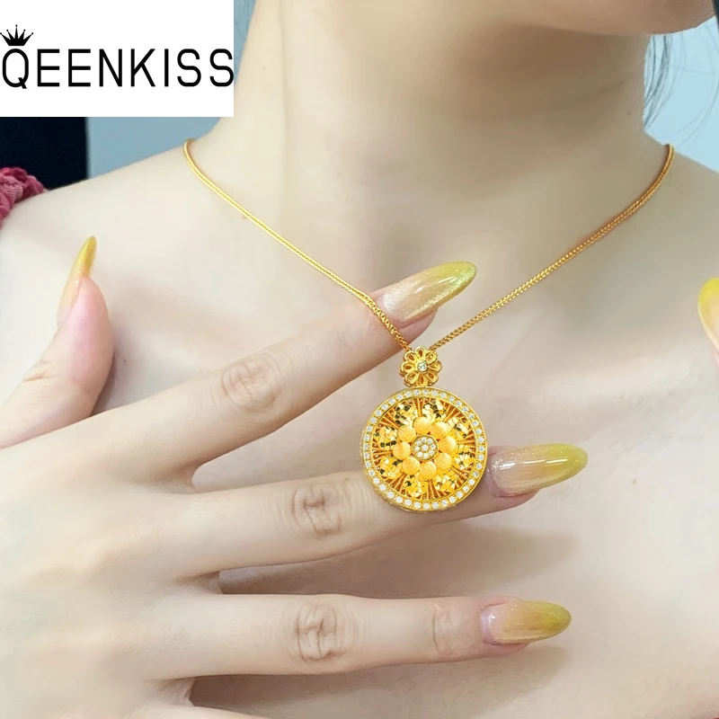 

QEENKISS 24KT Gold Luxury Flower Necklace Pendants For Women Wedding Party Birthday Christmas Bride Mother Girl Lady Gift PT5216