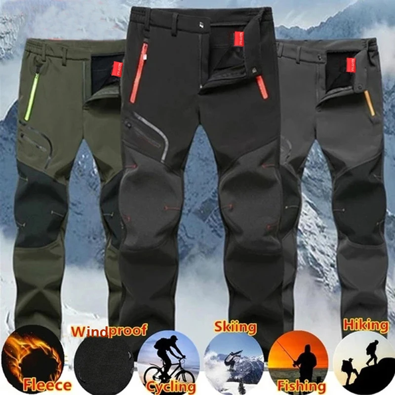 Men Elastic Fleece Outdoor Winter Warm Pants Softshell Trekking Climbing Hiking Camping Fishing Sport Training Trousers Oversize