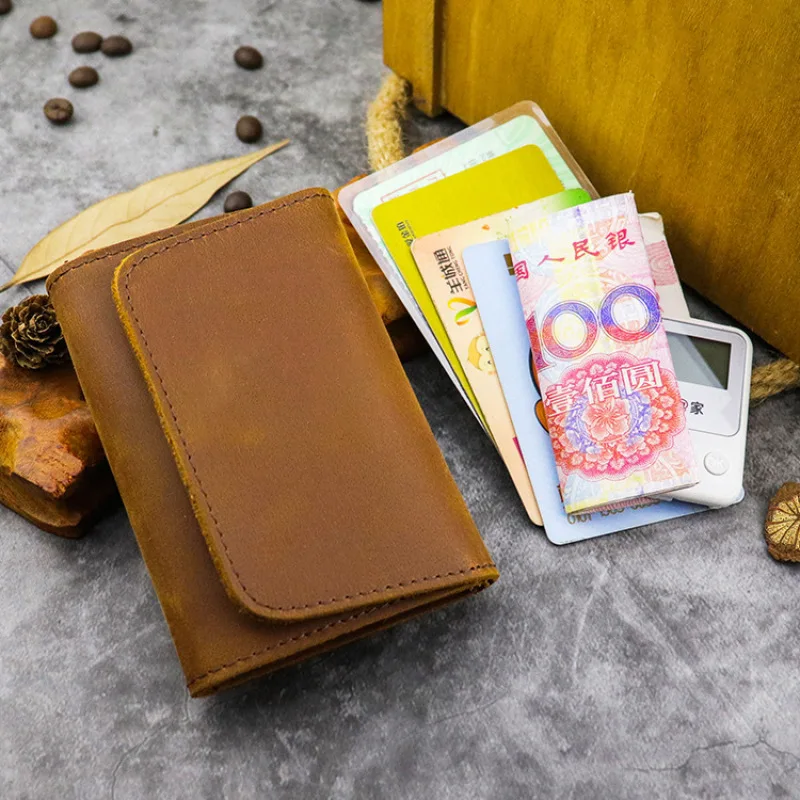 Borsa per carte fatta a mano semplice in pelle di vacchetta con strato di testa portafoglio creativo in pelle bovina clip a portafoglio zero di grande capacità