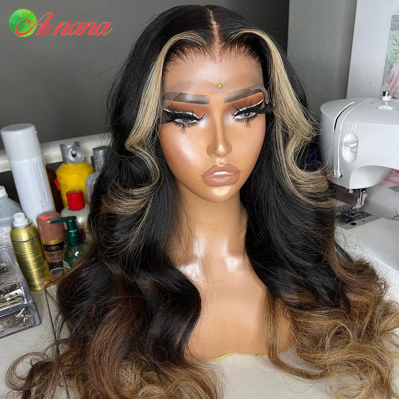 Onda do corpo peruca de cabelo humano para mulheres, marrom ombre, fechamento transparente do laço, peruca frontal do laço, destaque 5x5, 30 ", 13x6