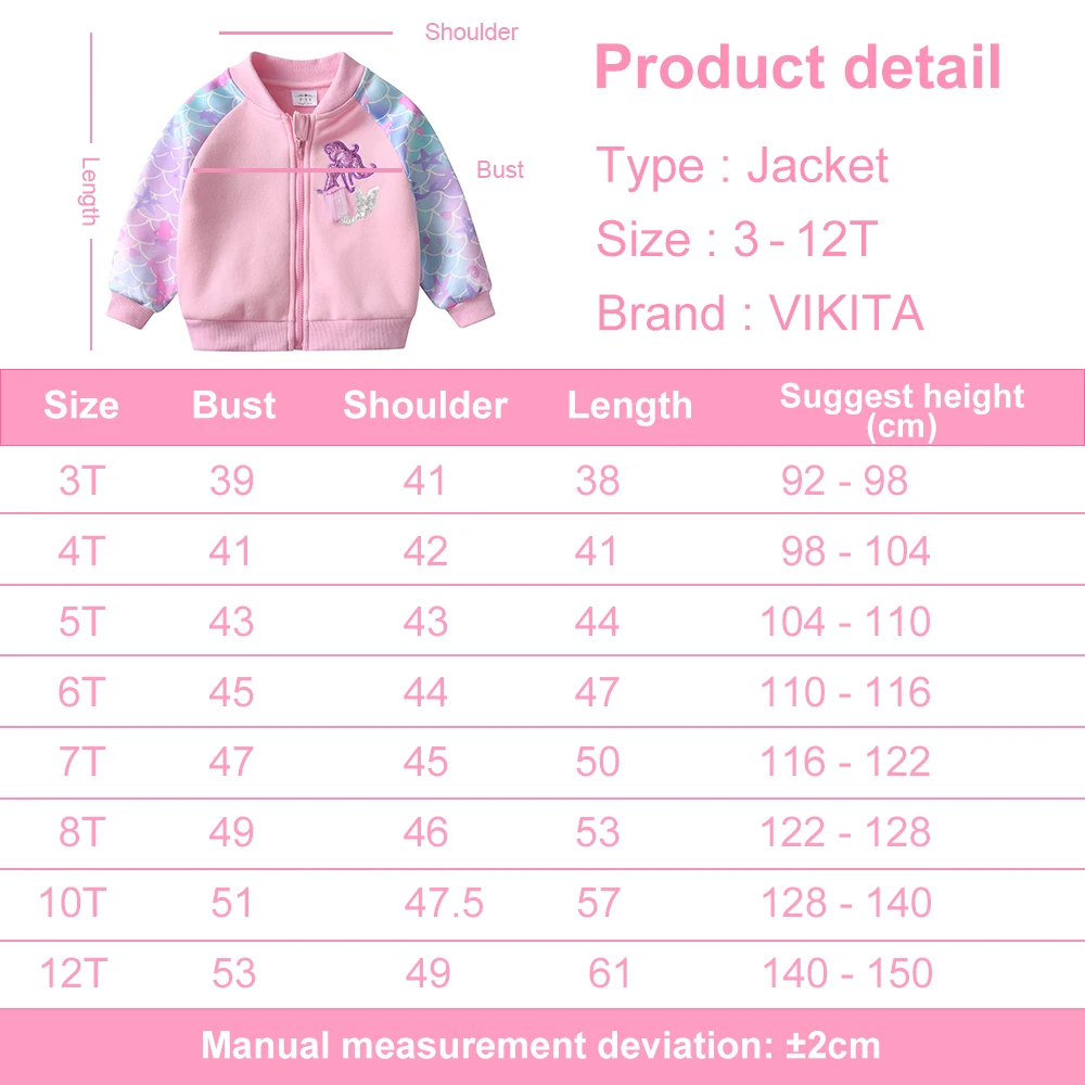 VIKITA Kids Cotton Casual Sports Jackets Kids Mermaid Appliqued Cartoon Coat Girls Zipper Outwear Children Pink Jacket and Coat