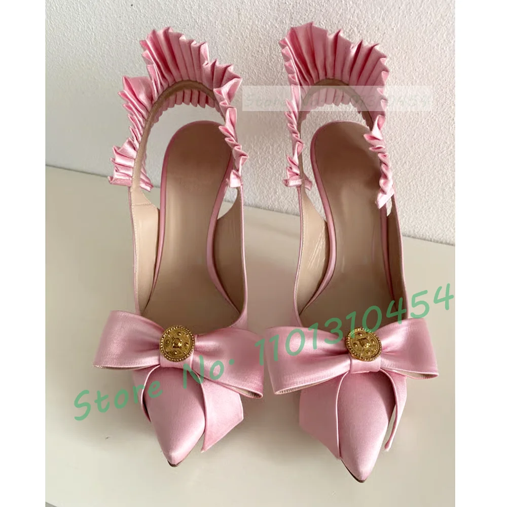 Bowknot Slingback Heels Sandals Women Sweet Pink Satin Ruffles High Heels Shoes Summer Girl\'s Amazing Runway Outdoor New Sandals