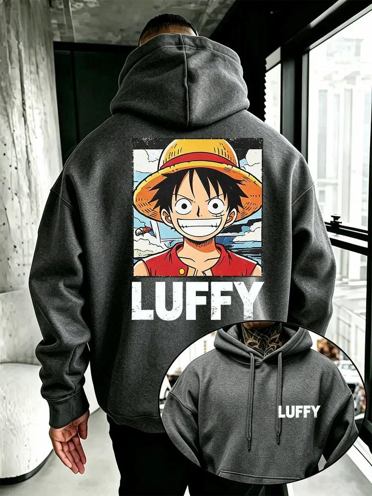 One Piece Monkey D. Luffy Hoodie mit Vorder- und Rückseiten-Print, Retro-Luffy-Porträt, Strohhut, Anime-Fan, lässiger Pullover mit Kapuze – Detail 6