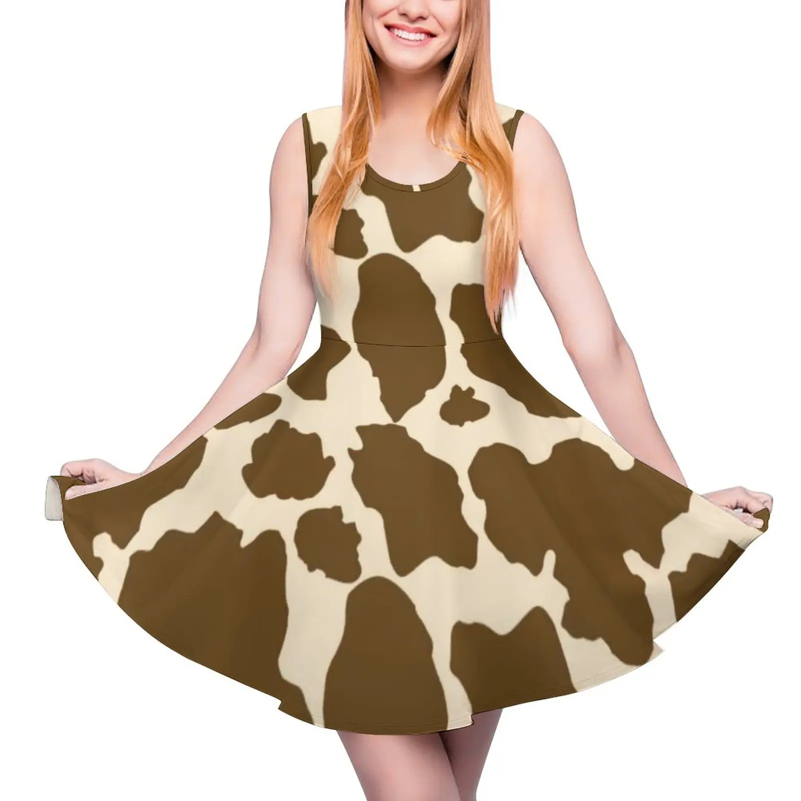 Brown Spots Cow Print Dress Farmer Farm Animals Trendy Cute Dresses Sleeveless Street Style Skate Dress Female Graphic Clothing