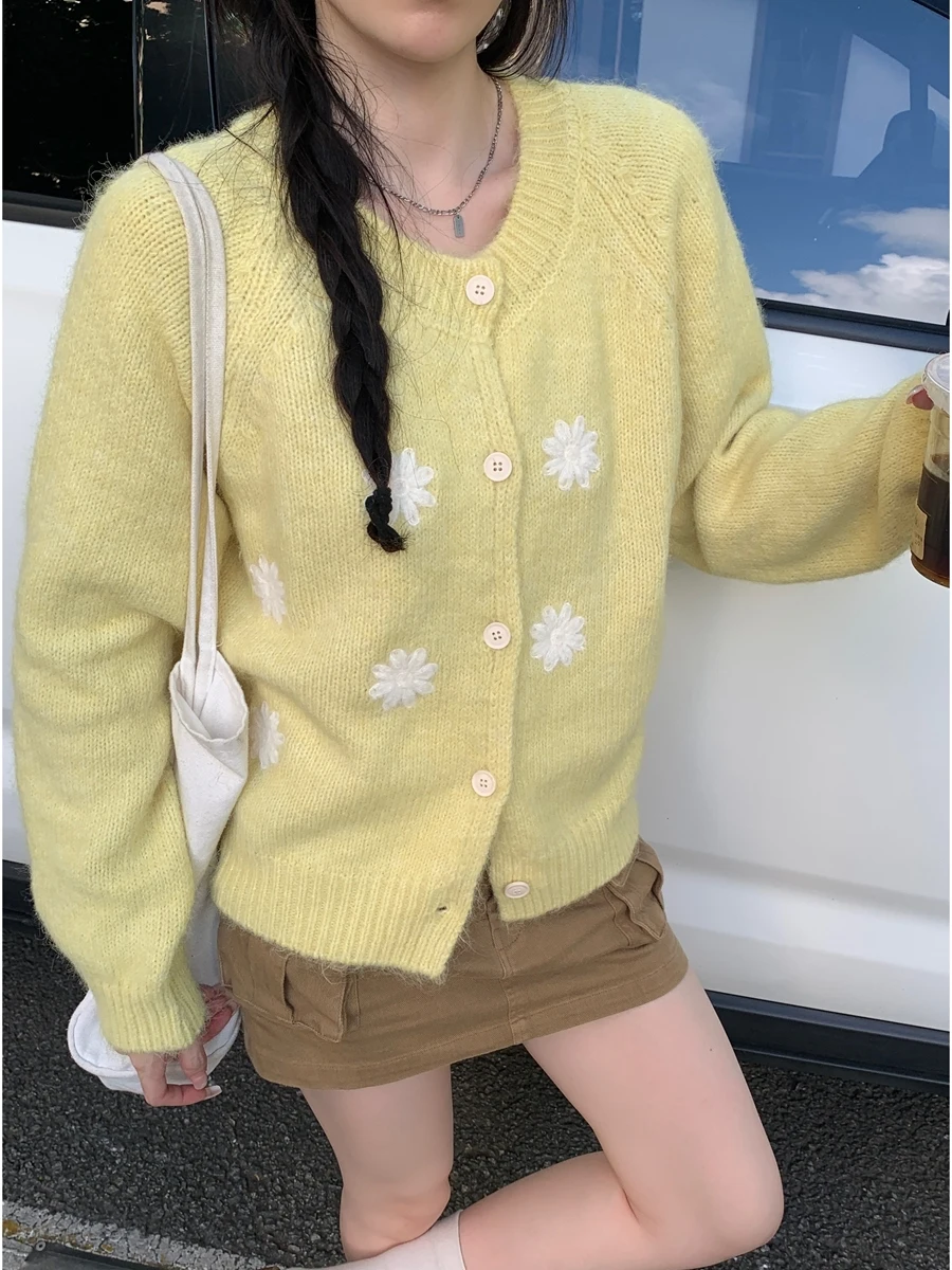 

Loose Fit Knitted Daisy Lace oulder Women's Cardigan Sweater Outerwear Comfortable Lazy Sle Long Sve round Ne Top