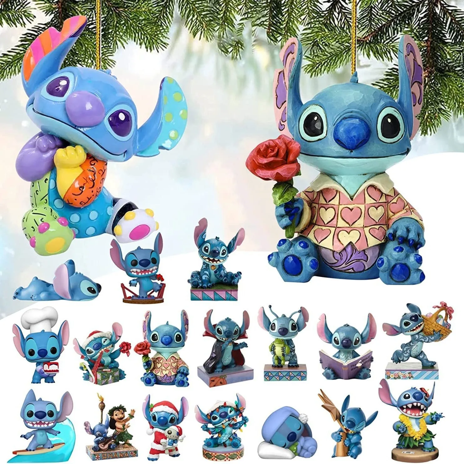Disney-colgante de dibujos animados Kawaii Stitch para Navidad, adornos colgantes de Lilo Stitch, periferales, decoraciones de coche, regalos de muñecas, 18 piezas por juego