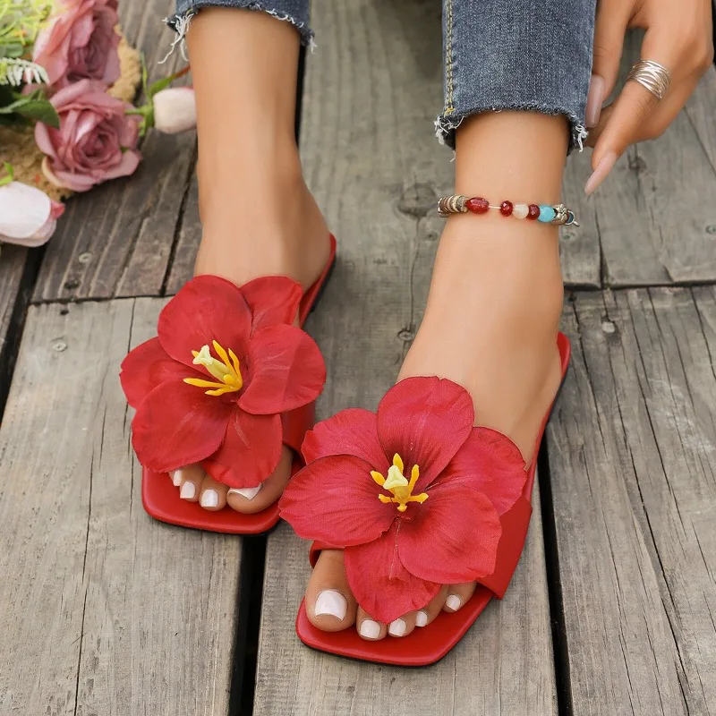 Summer New Flower Decor Square Toe Casual Women's Slippers 2026 Fashion Simple Solid Lightweight Women Shoes Босоножки Женские