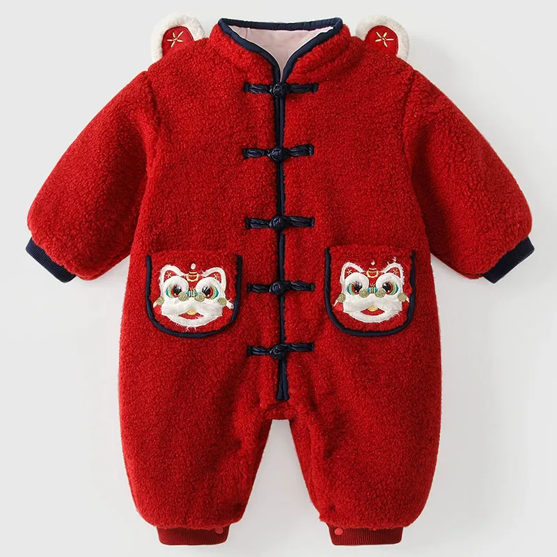 Winter Newborn Boy Clothes Chinese New Year Baby Outfit China Style Cartoon Cute Fleece Warm Thick Jumpsuits Girl Romper B189