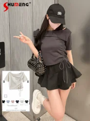 Japanese Elegant Sweet Plush Splicing Letter Embroidery Round Neck Short Sleeve Simple Versatile Slim Knitted Sweater Tops Women