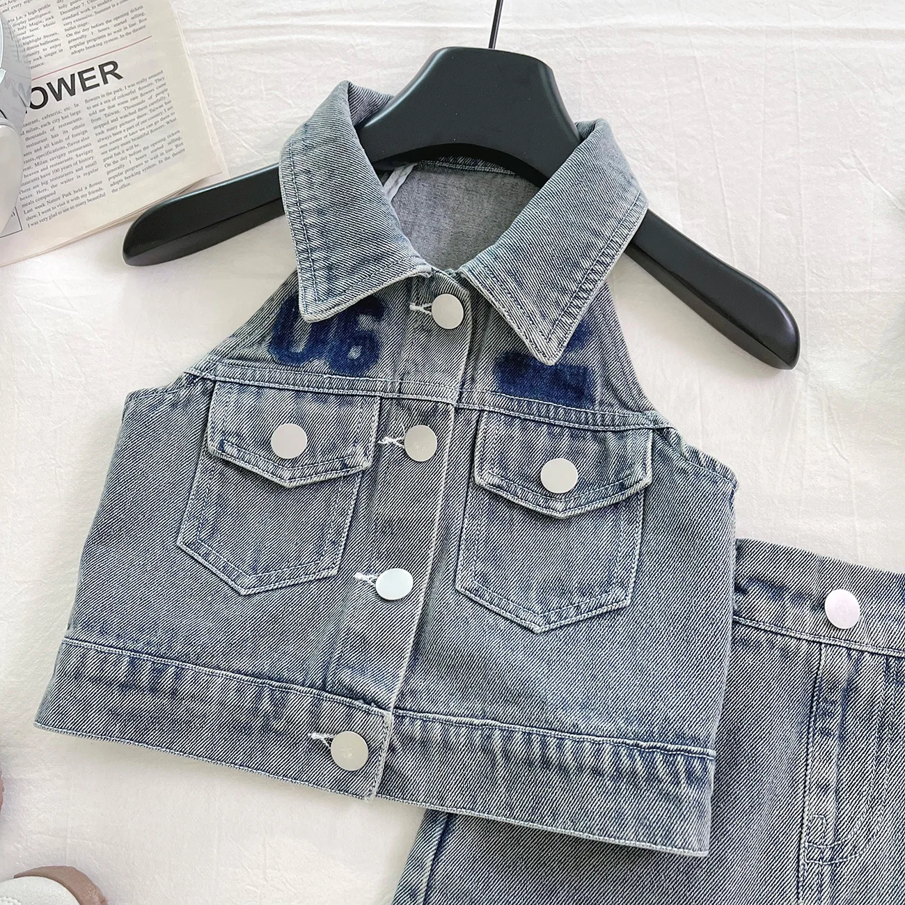 Girls Set 2025 Summer New Fashionable Sleeveless Denim Vest Top Letter Printed Skirt