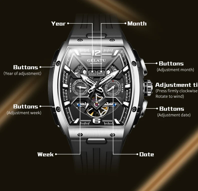 GELATU 6013 Men\'s Watches Multifunctional Calendar Skeleton Mechanical Watch Sapphire Mirror Automatic Watch for Men Fashion NEW