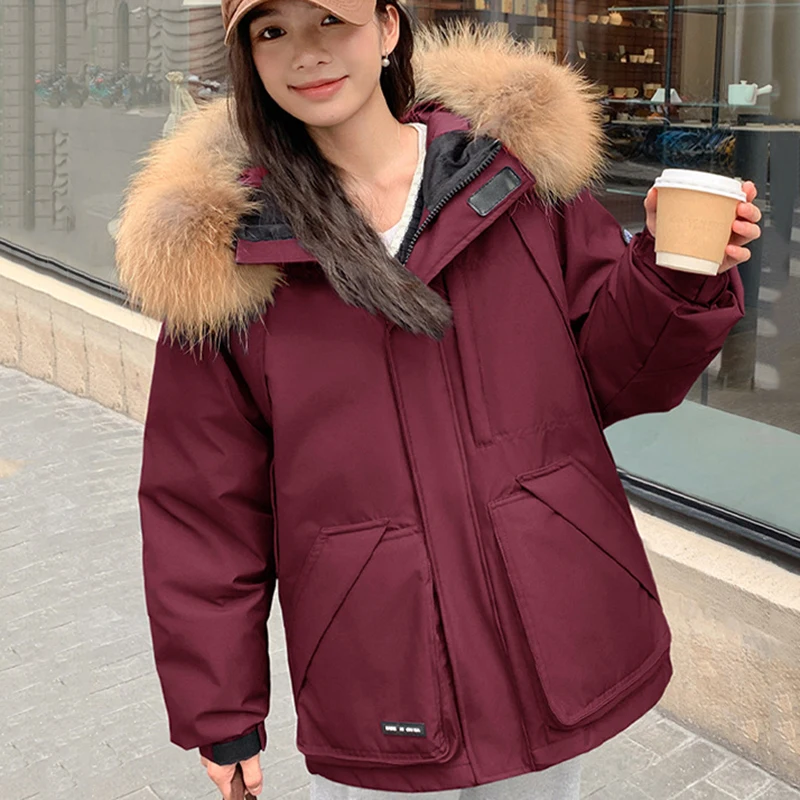 

Свободная белая пуховая хлопковая куртка Thiened, женское зимнее пальто, корейские парки с длинными рукавами и большим меховым воротником, полиэстеровые парки