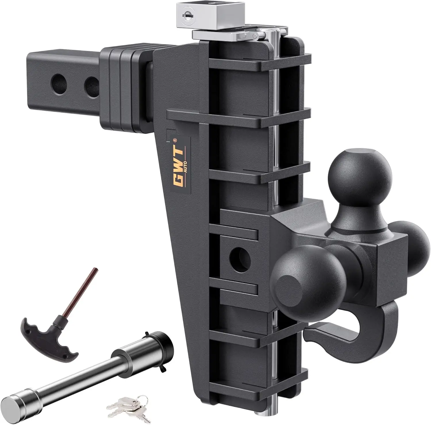 

Adjustable Trailer Hitch with Hook, Tri-Ball (1-7/8" x 2" x 2-5/16") Drop Hitch, Fits 2-Inch Receiver, 8 Inch Drop Hitch, 18500