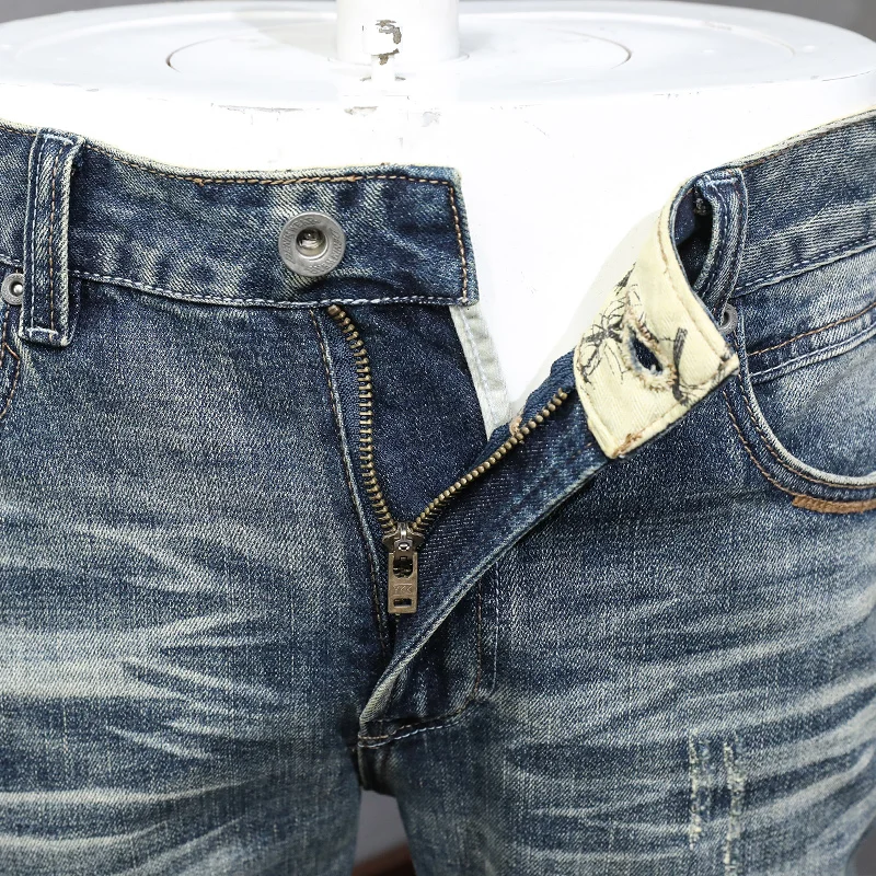 Italian Style Fashion Men Jeans High Quality Stretch Slim Fit Ripped Jeans Men Retro Washed Blue Vintage Designer Denim Pants