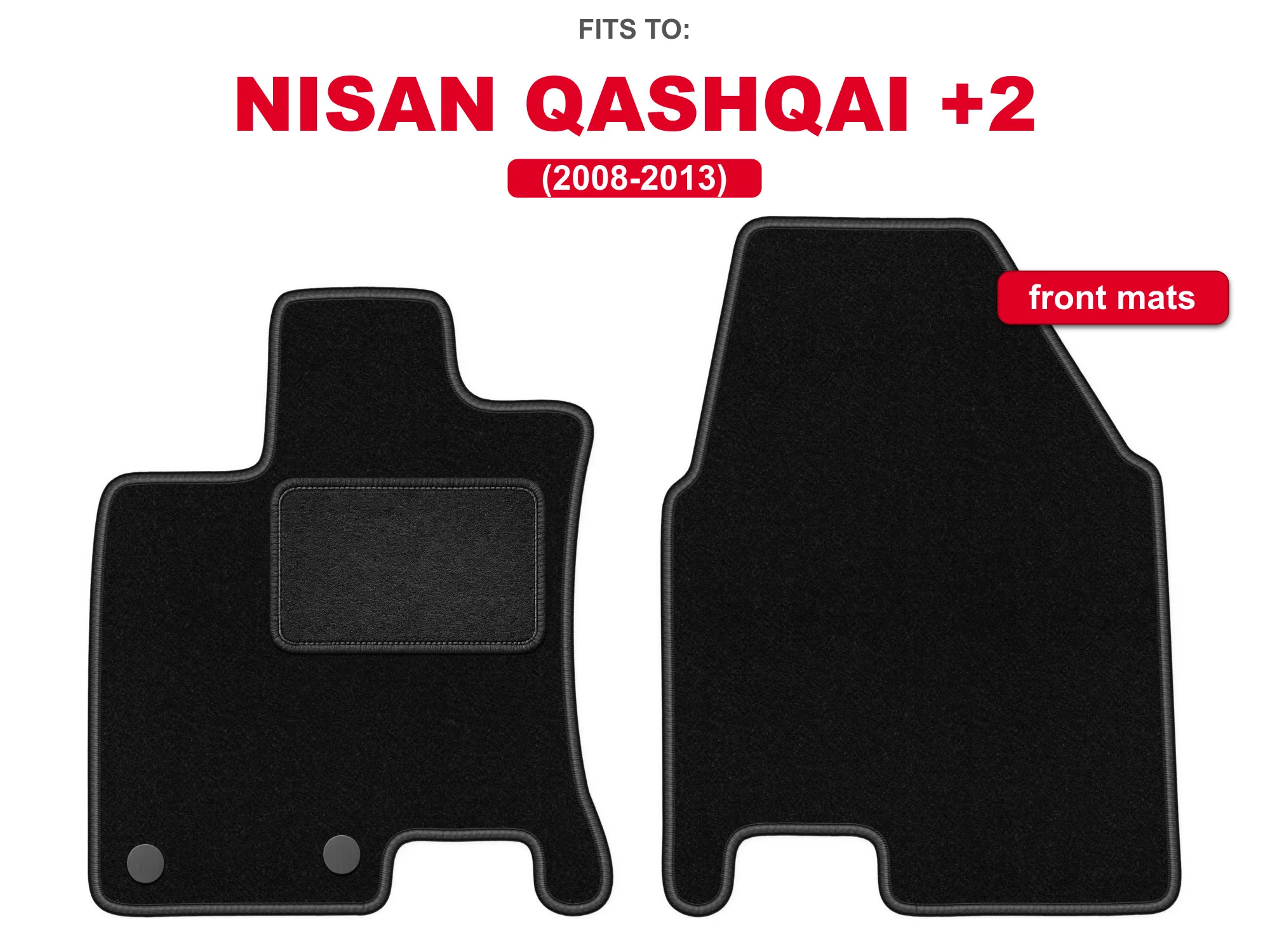 Velours vloermatten voor: Nissan Qashqai +2 2008–2013 crossover, zwarte set autovloermatten voor het vooraan de auto staande gedeelte