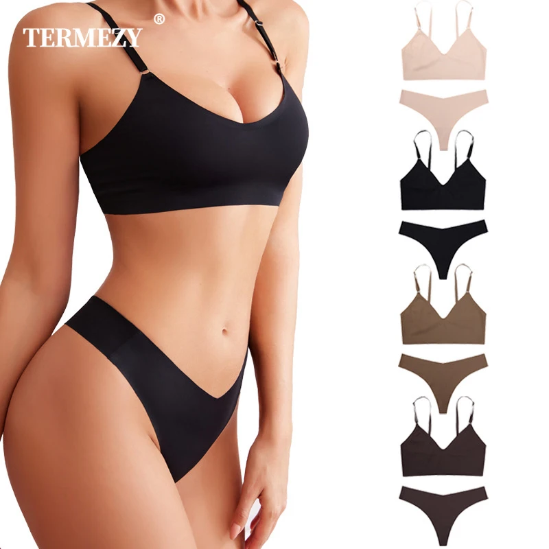 TERMEZY Women Seamless Bra Set Sexy Thong Low Waist Panties Wire Free Bra Bralette Lingerie Wireless Brassiere Female Underwear