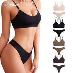 TERMEZY-Conjunto de sujetador sin costuras para mujer, Tanga Sexy, bragas de cintura baja, sin aros de sujetador Bralette, lencería sujetador sin hilos