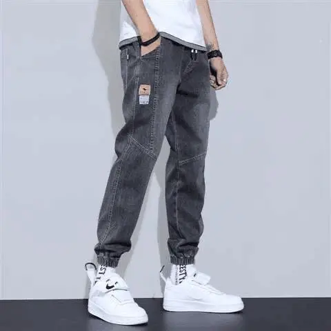 Trendy Loose Fit Harlan Jeans for Men Spring Autumn Casual Loose Leggings Youth Popular Denim Pants Elastic Waist Cargo Pockets