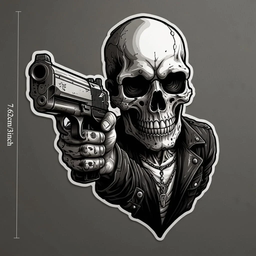 

1PC Edgy Skull with Pistol Sticker, Ideal for Laptop Covers, Skateboards, Motorcycle Helmets, Add Bold Punk Vibe