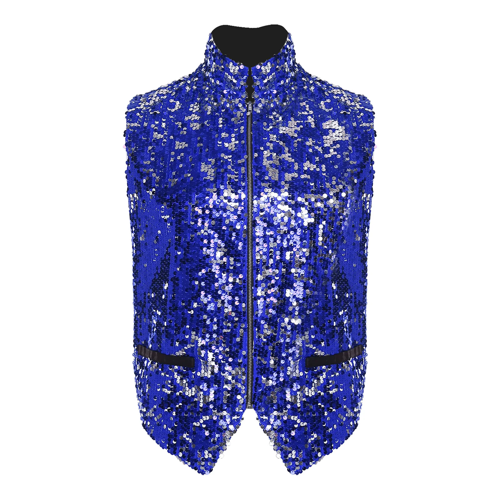 

Mens Shiny Sequin Disco Waistcoat Mock Neck Sleeveless Front Zip-up Fully Lined Vest Tank Top Jazz Dancewear for Club Party