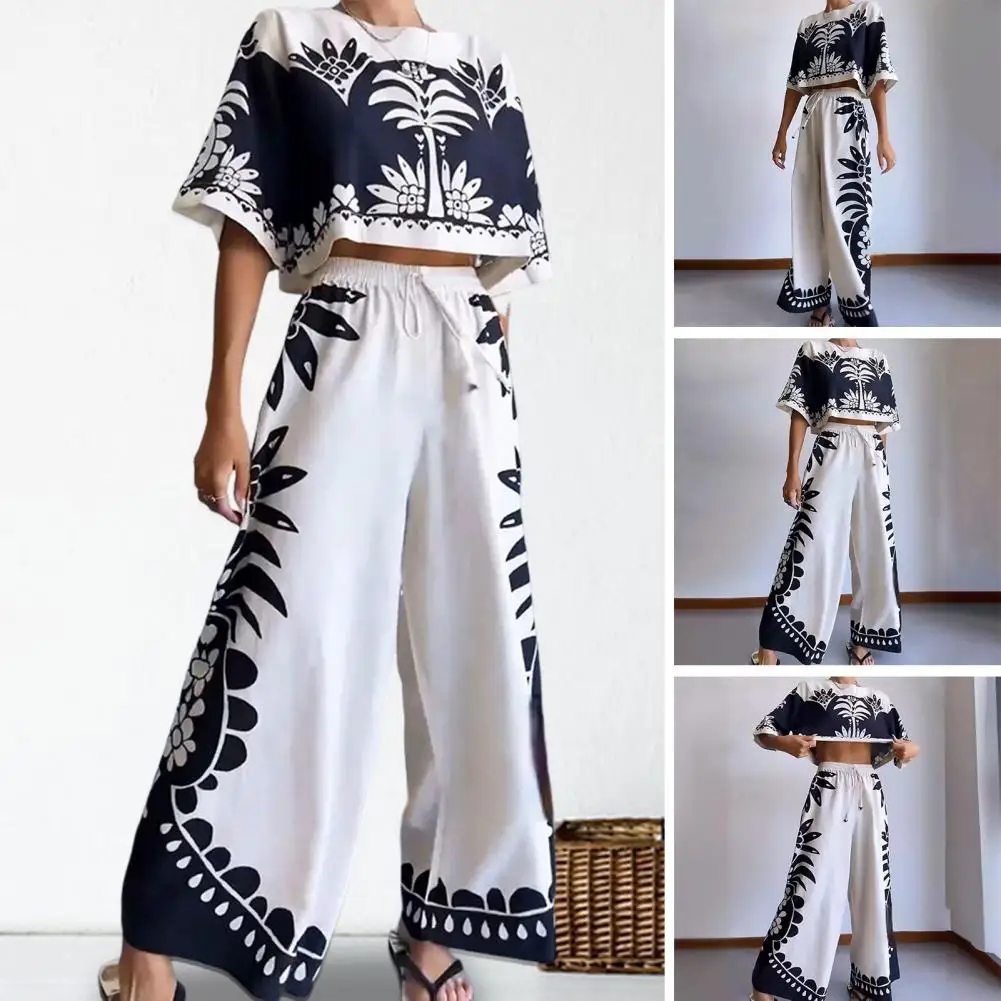 

Women Printed Suit with Drawstring Wide-leg Pants Set Elastic Women's Vacation Printed Crop Top Wide Leg Pants Set for Summer