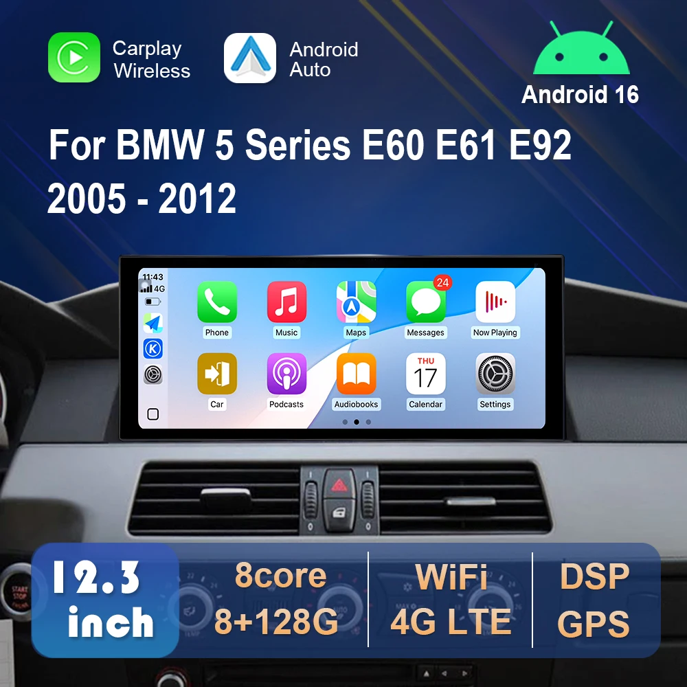 Reproductor Multimedia para Automóvil Android 16 para BMW Serie 5 E60 E61 E92 2005-2012, Pantalla Táctil Multimedia, Carplay Inalámbrico, GPS