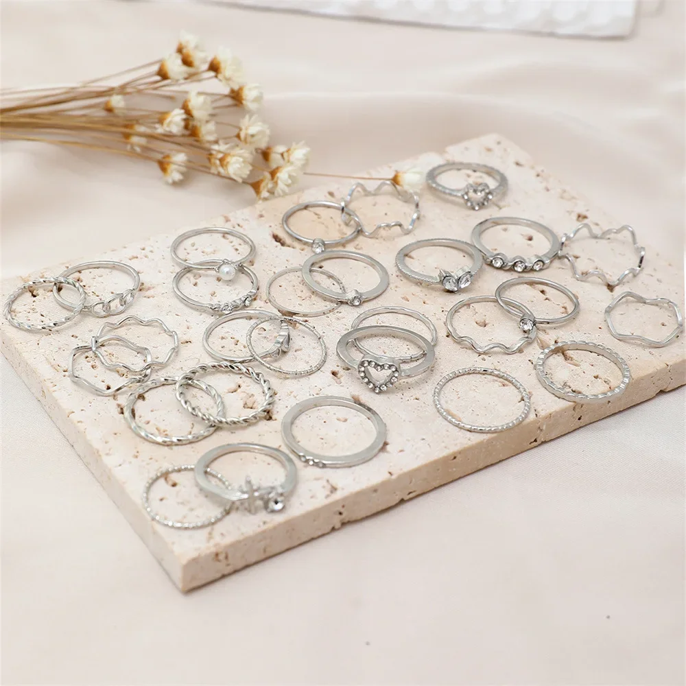 28Pcs Fashion Geometric Knuckle Rings Set For Women Crystal Heart Gold Silver Color Rings Girls  Party Jewelry Accessories