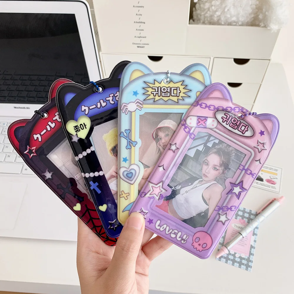 

Cute Cat Ear Photocard Holder INS Korean Cartoon Idol Photo Card Holder Student Credit Bus ID Card Case Protector with Keychain