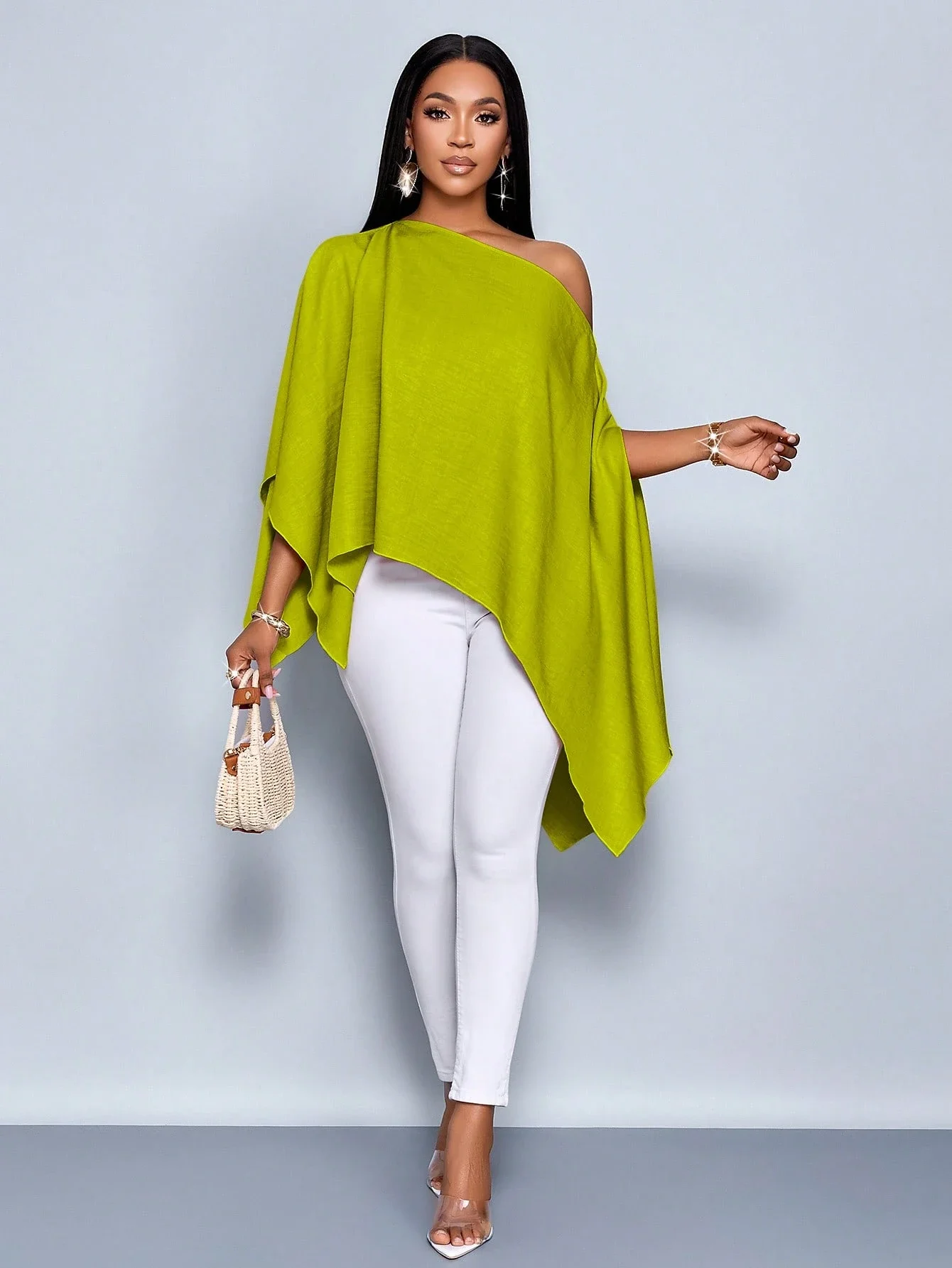 

Women's single-shoulder cape sleeve asymmetrical hem linen shirt