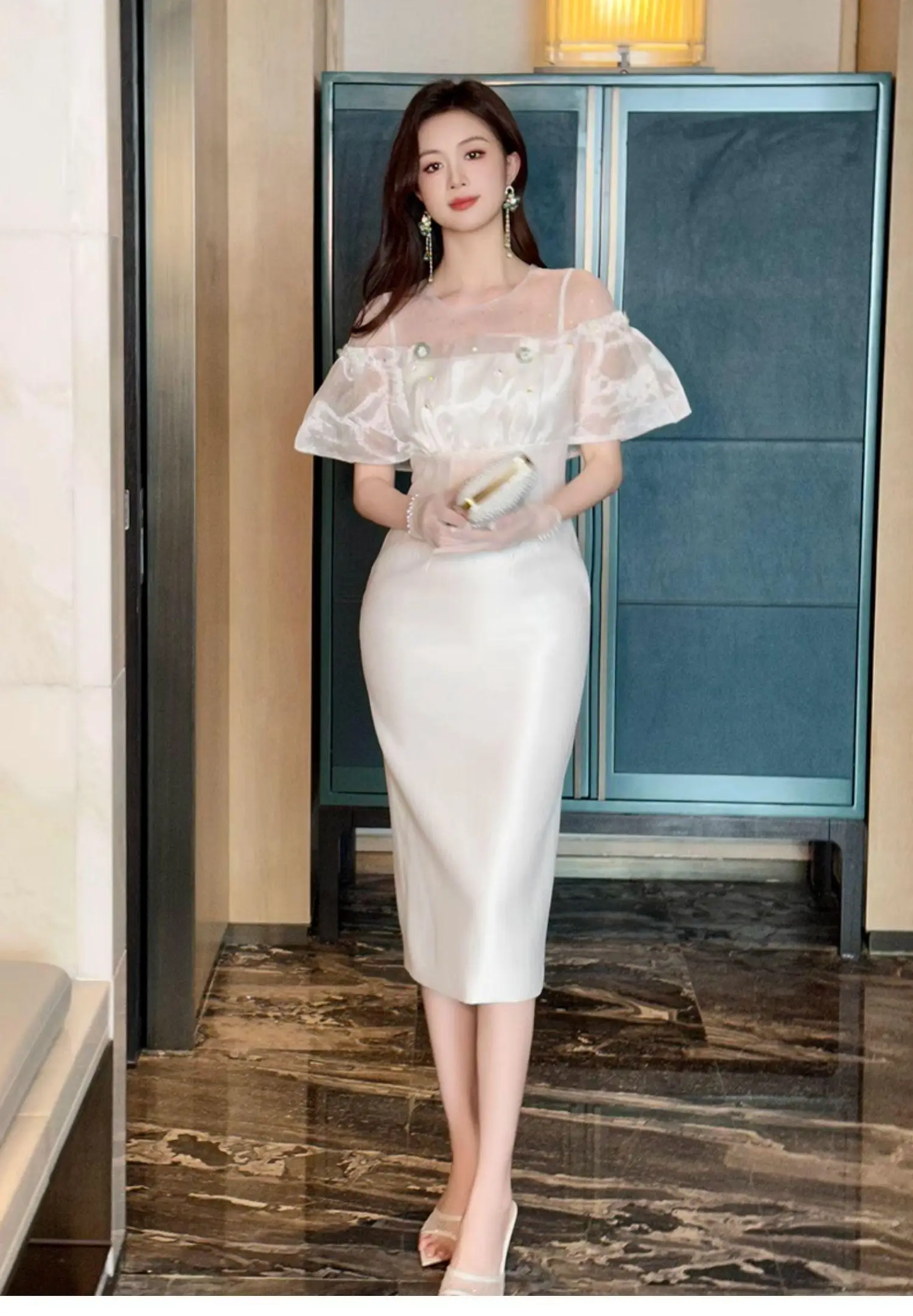 

Summer new gentle style temperament one shoulder stitching slim dress