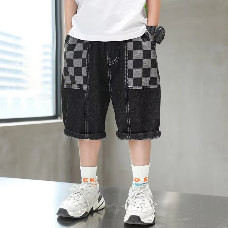 

Chessboard Print Denim Trousers Kids Boys Jeans Shorts Children Clothes Short Pants 2024 Summer Toddler Baby Boy Outfit