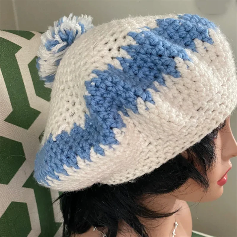 Fashion Knitted Beret Blue and white Hat Ladies Artist Casual Berets For Women Female Elegant Solid Color Casual Painter Caps