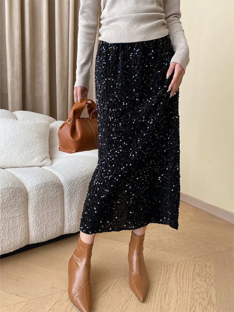 Bornladies Women's Thin Shiny Slit Straight Tube Skirt Autumn Winter Retro Fashionable Ladies High Waisted Casual Long Skirt