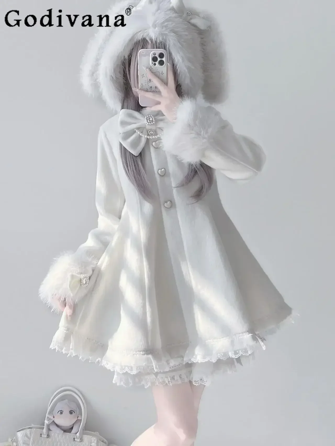 

White Lolita Woolen Coat Women's Mine Series Mass-produced Cute Sweet Bow Lace Plush Rabbit Hooded Slim-Fit Woolen Jackets New