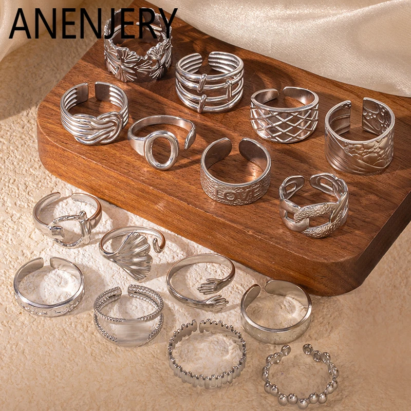 ANENJERY 316L Stainless Steel Crossed Wires Shell Letter Ring for Women Men Niche Vintage Jewelry Gifts Wholesale