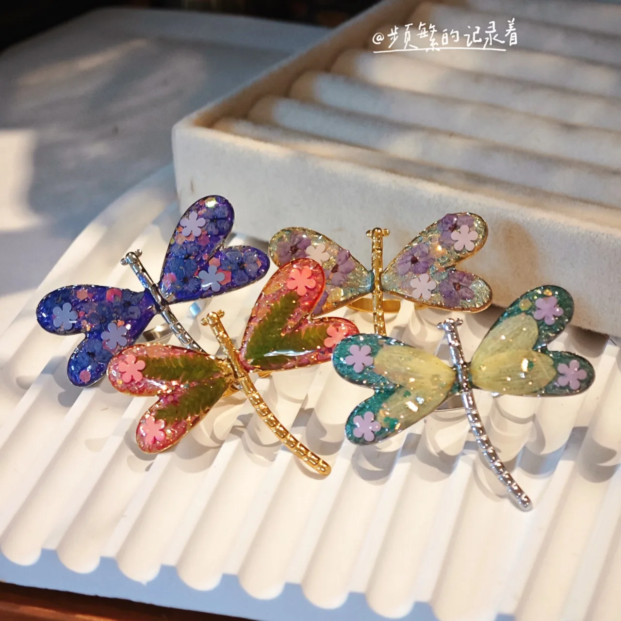 3284 Wholesale Trendy Dragonfly Open Ring Dried Flower Colorful Exaggerated Stainless Steel Creative Christmas Birthday Gift