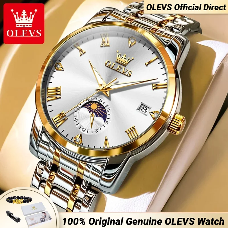 OLEVS 3656 Luxe merk herenhorloge Maanfase Waterdicht Klassiek Romeinse schaal Datum Lichtgevend roestvrijstalen quartz horloge voor heren