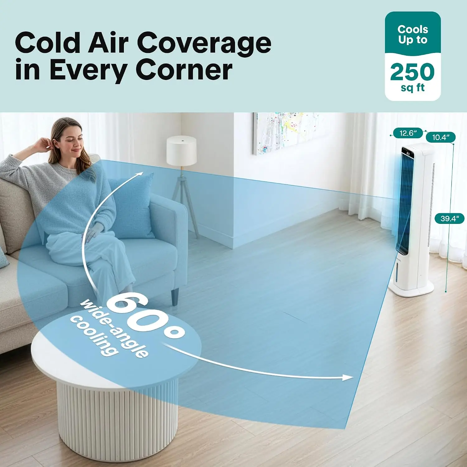 Evaporative Air Cooler Tower Remote 5L Tank 4 Ice Boxes 3 Speeds Quiet Standing Cooler Oscillation Home Office Bedroom Portable
