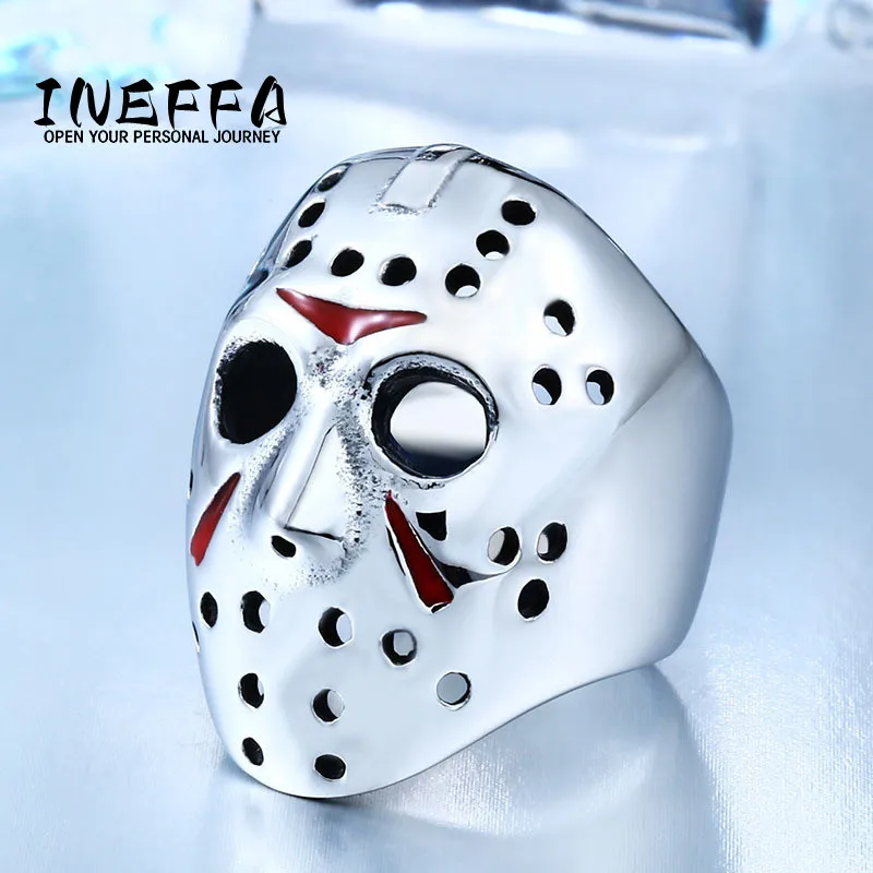 INEFFA Film Television Dominant Trend Stainless Steel Ring Jason Mask Drip Glue Men\'s Titanium Steel Rings Men Jewelry Wholesale