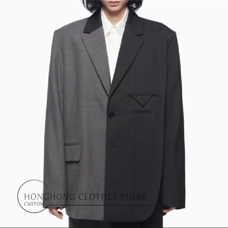 

New spring and autumn youth loose casual suit black gray splicing fashion men's large size coat top