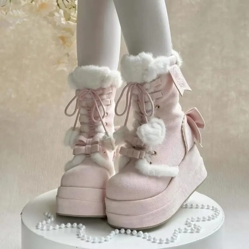 

Winter Platform Snow Boots for Women Designer Wedge Plush Warm Cotton Shoes for Women Fashion Sweet Cute Bow Lolita Ankle Boots